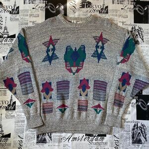 London Fog Men's grey fox blue red knit embroidered sweater vintage 80s